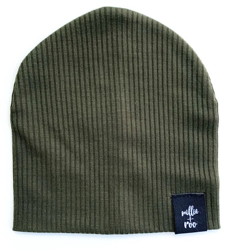 millie+roo Rib Beanie - Olive, Medium (18M-4Y)