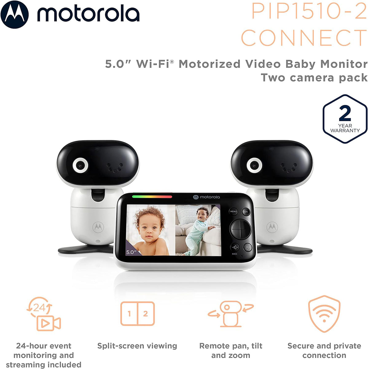 Motorola PIP1510 Connect 5" Wi-Fi Motorized Video Baby Monitor - 2 Camera Pack