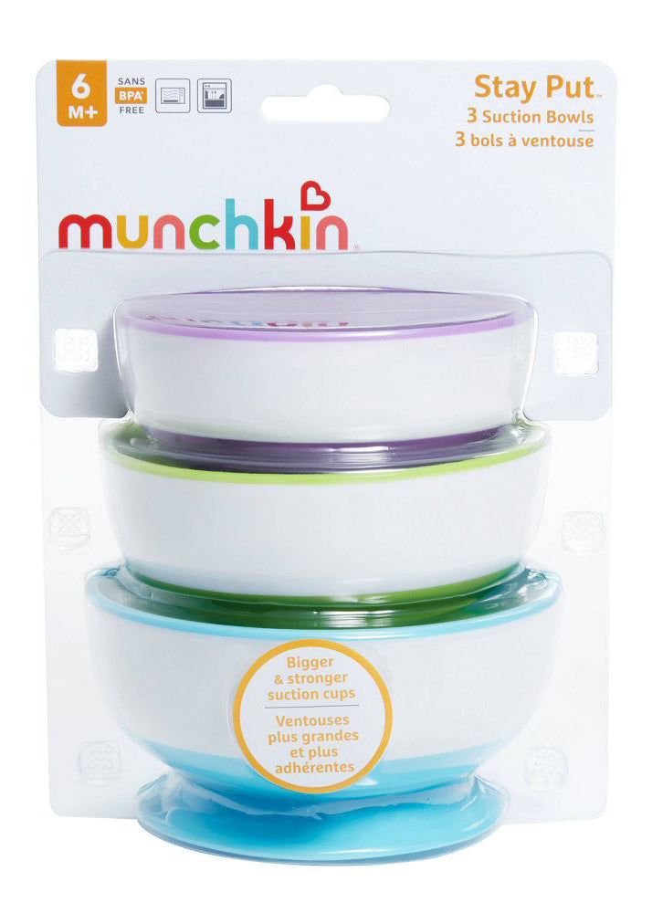 Munchkin Stay Put Suction Bowls, 3 Pack - Light Blue/Purple/Green