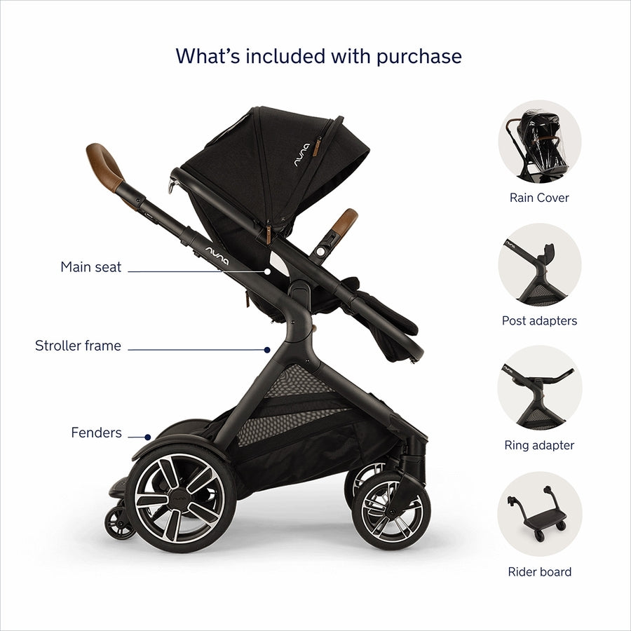 Nuna DEMI Next Double Stroller with Rider Board + PIPA Aire RX Travel System Bundle - Caviar