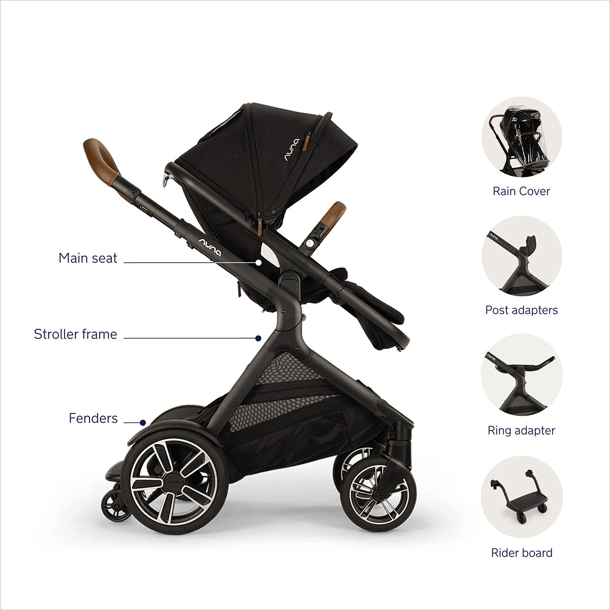 Nuna DEMI Next Stroller with Rider Board + DEMI Grow Bassinet with Stand + PIPA RX Travel System Bundle - Caviar