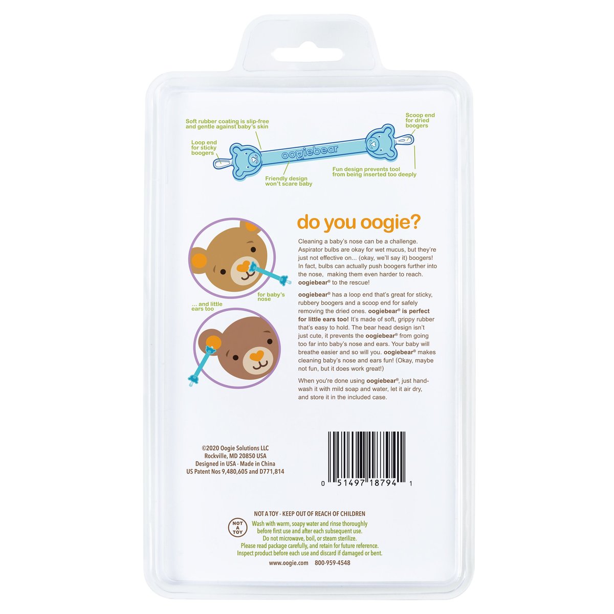 Oogiebear Infant Nose & Ear Cleaner Two Pack - Orange/Sea Foam with Case