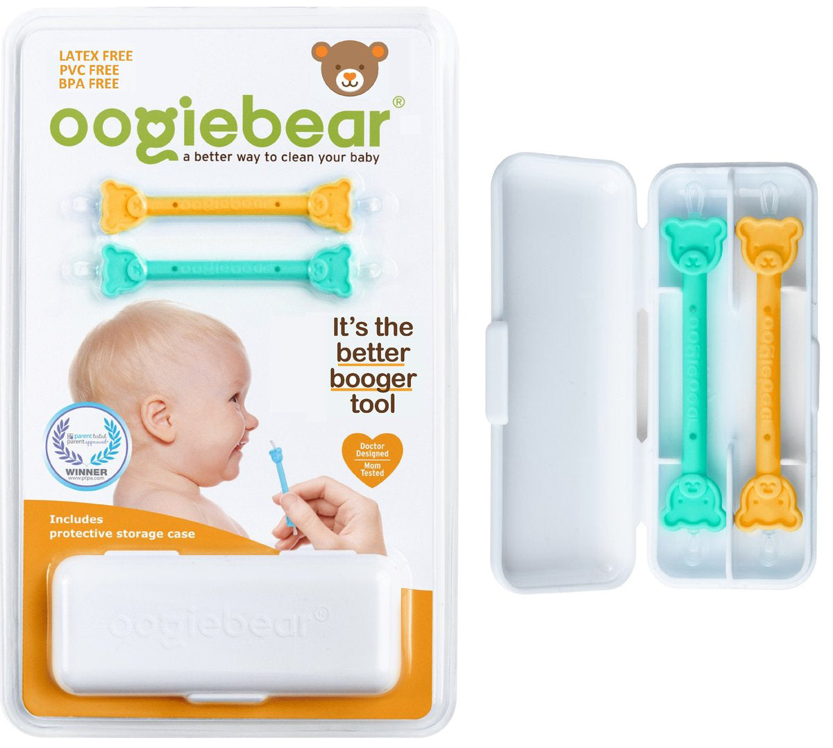 Oogiebear Infant Nose & Ear Cleaner Two Pack - Orange/Sea Foam with Case