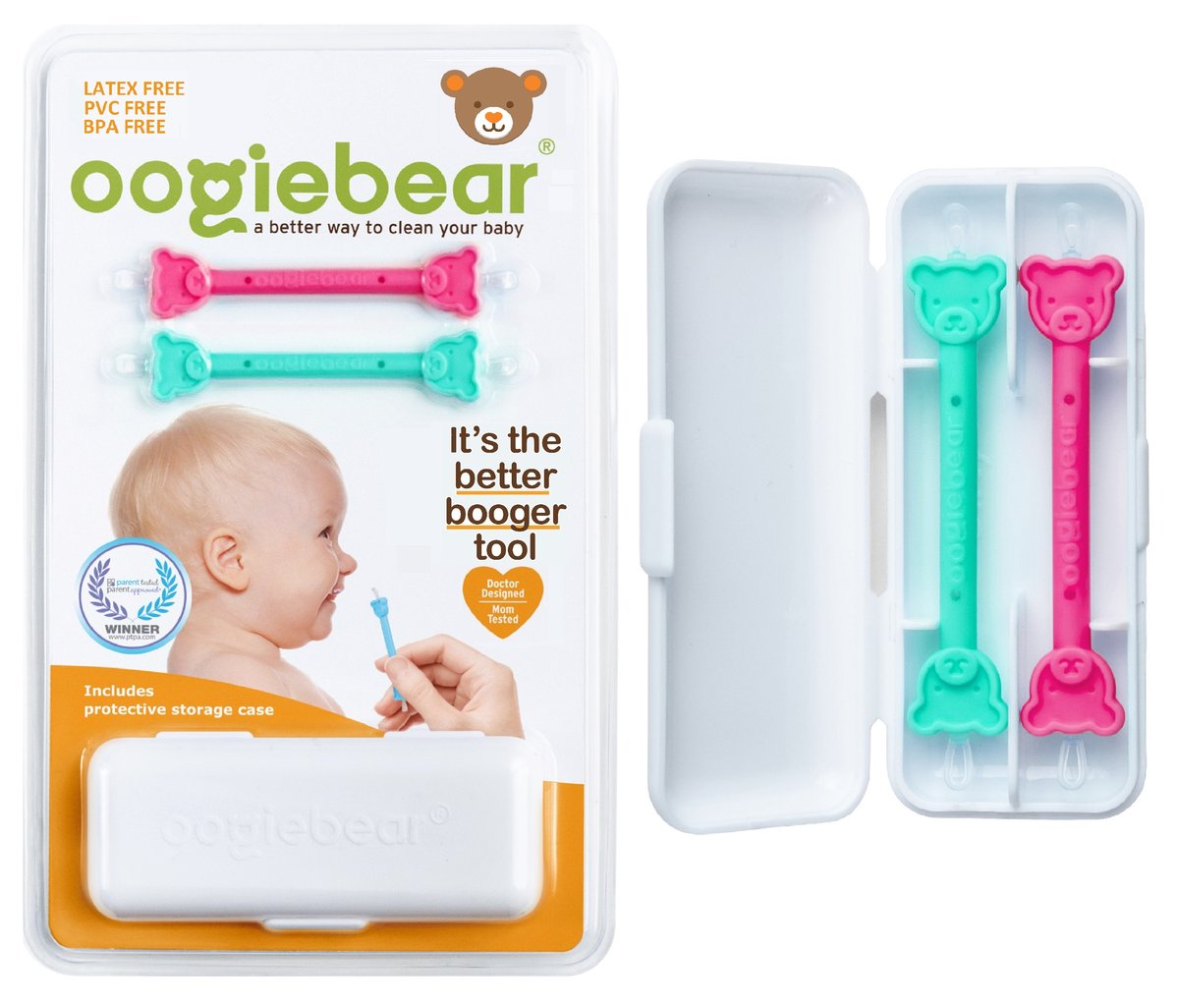 Oogiebear Infant Nose & Ear Cleaner Two Pack - Raspberry/Sea Foam with Case