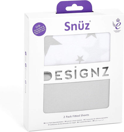 Snuz SnuzPod Crib Fitted Sheets, 2 Pack - Grey Star