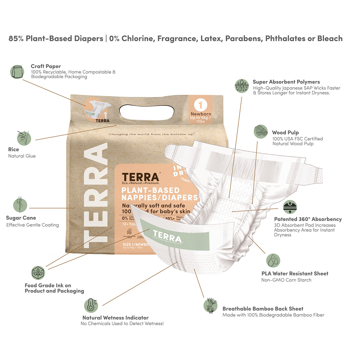 TERRA Plant-Based Diapers - Size 1/Newborn (24 Pack)