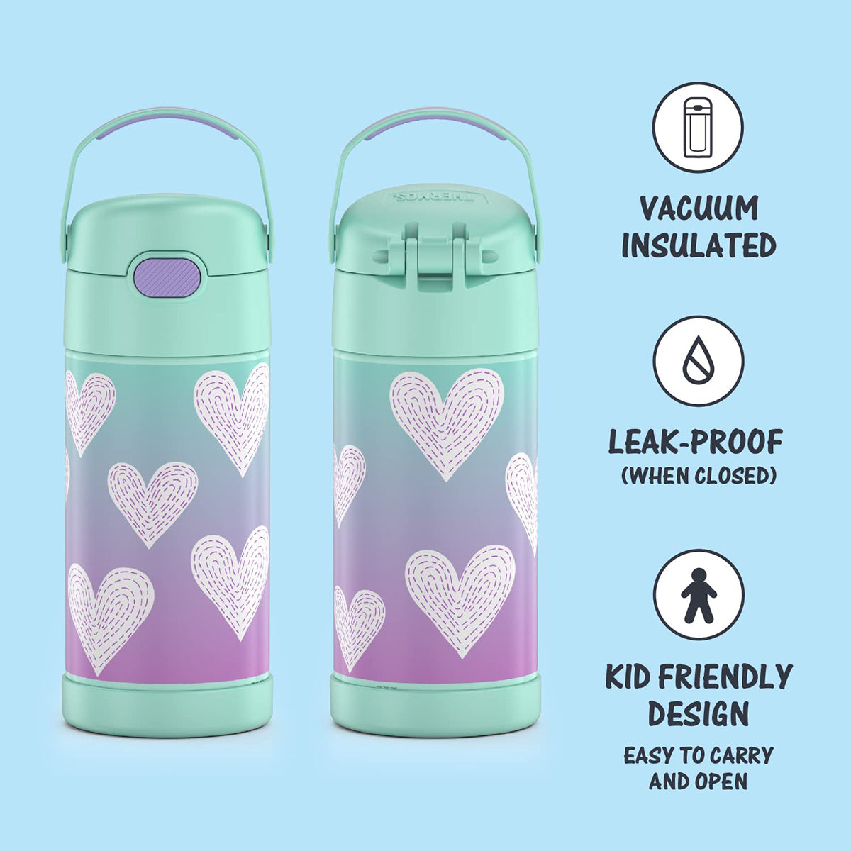 Thermos FUNtainer Vacuum Insulated Stainless Steel Straw Water Bottle, 12oz - Purple Hearts