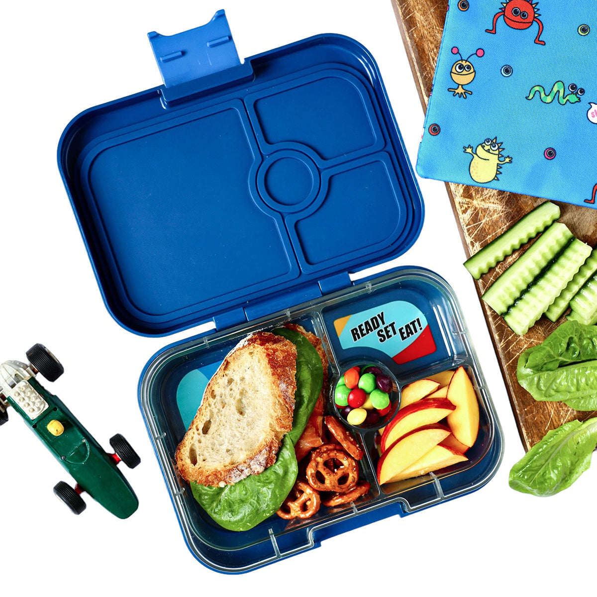 Yumbox Leakproof Bento Lunchbox, Panino - Monte Carlo Blue / Race Cars