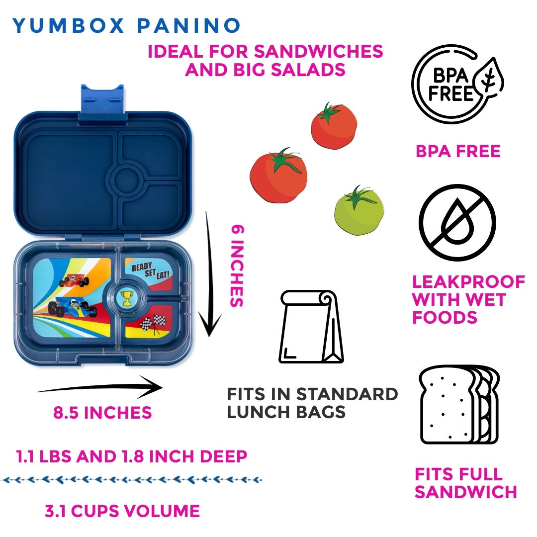 Yumbox Leakproof Bento Lunchbox, Panino - Monte Carlo Blue / Race Cars