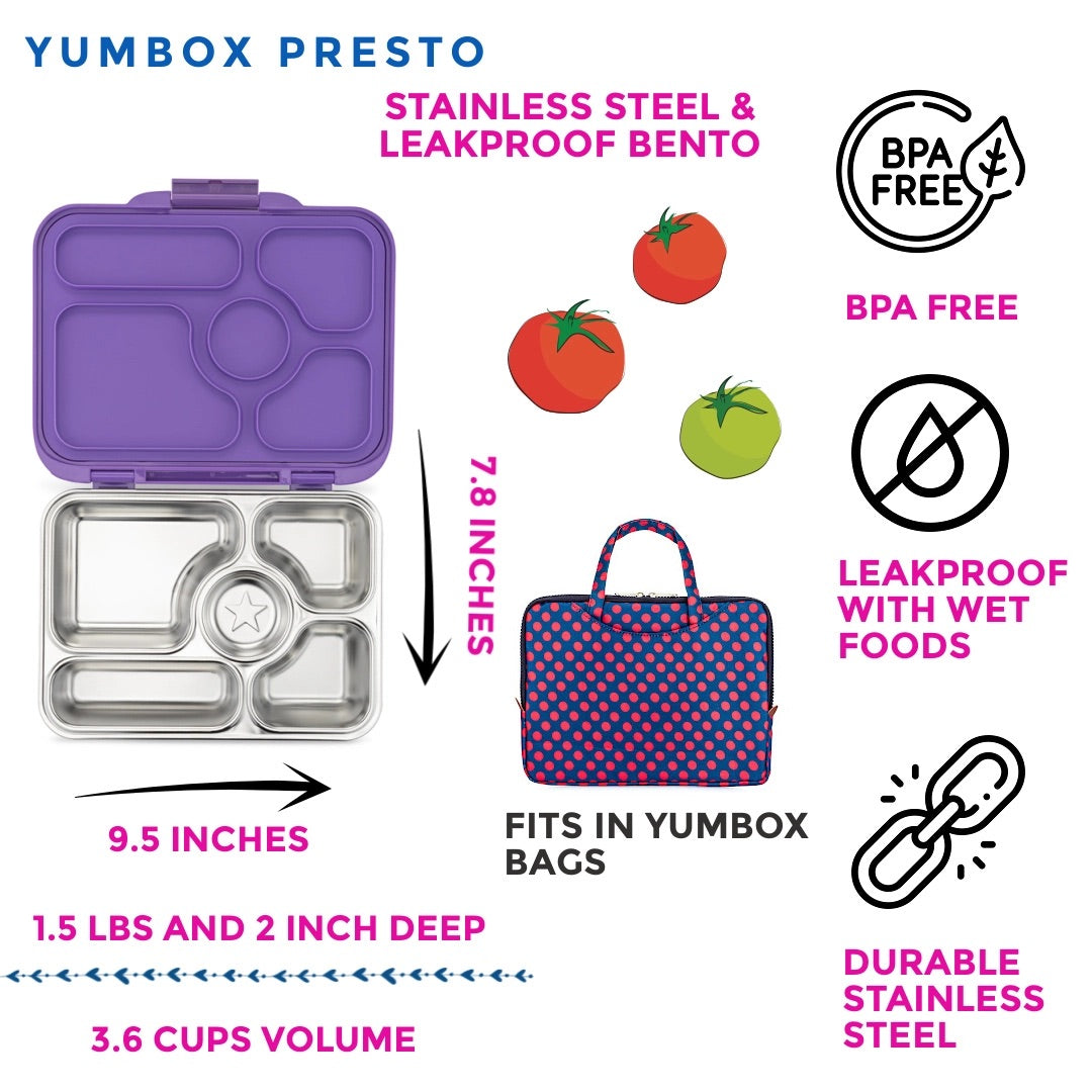 Yumbox Leakproof Bento Lunchbox, Presto Stainless Steel - Remy Lavender