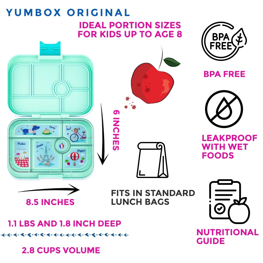 Yumbox Original Leakproof Bento Lunchbox, 6 Compartment - Serene Aqua / Paris Tray