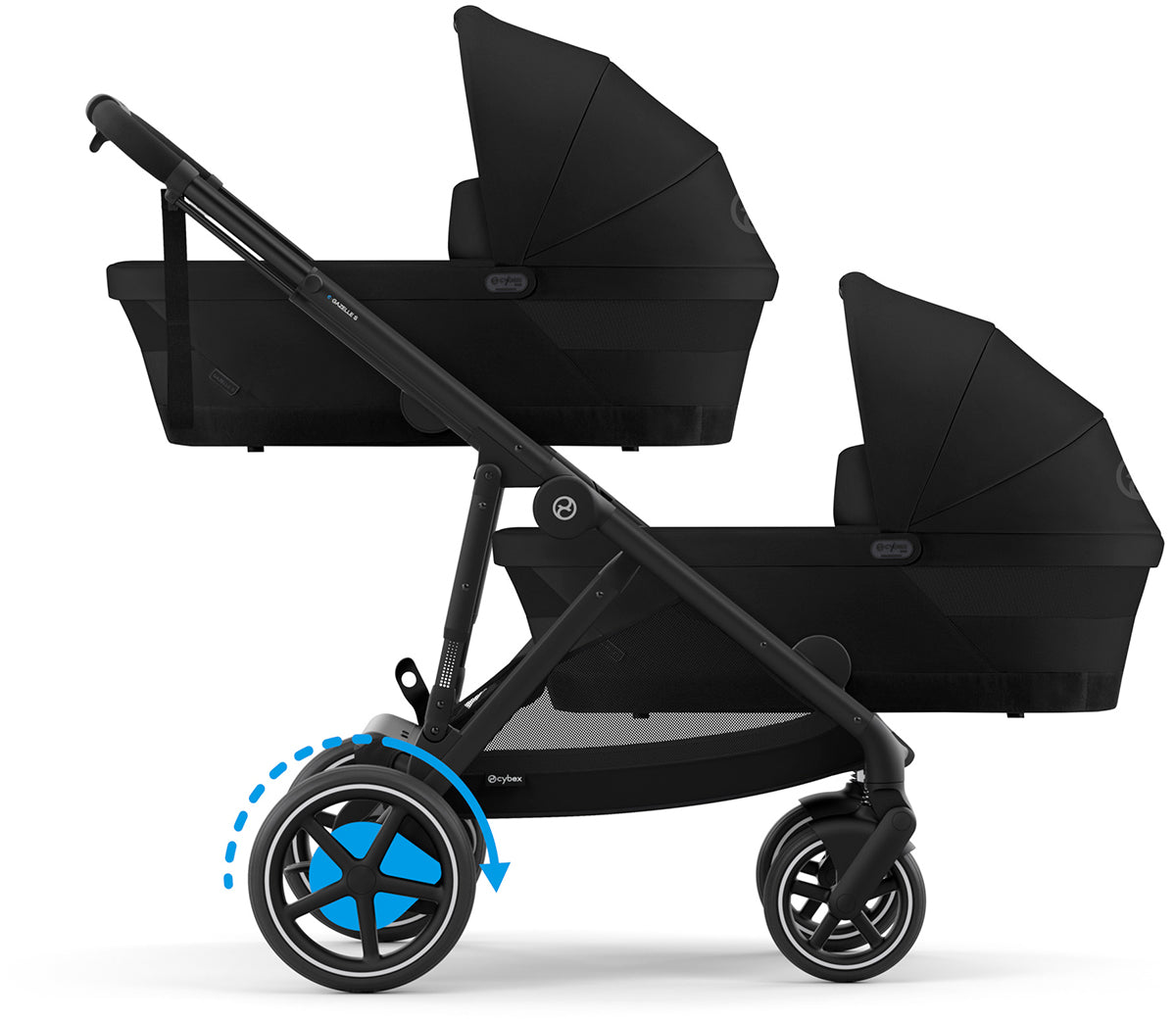 Cybex eGazelle S Twin Stroller + Cot Bundle - Black Frame / Moon Black