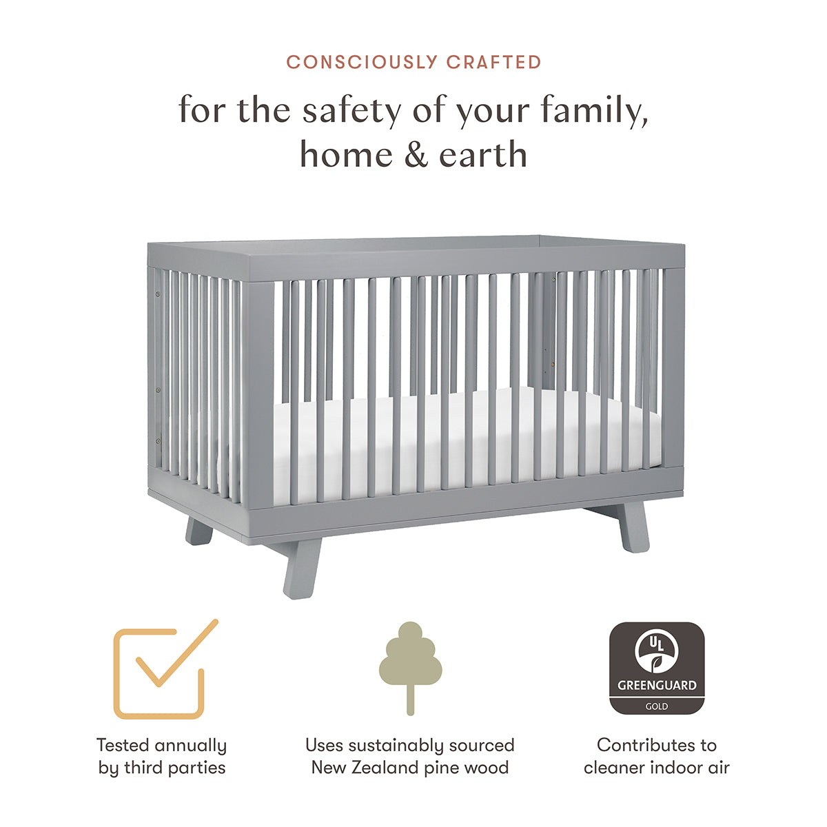 Babyletto Hudson 3-in-1 Convertible Crib with Toddler Bed Conversion Kit - Grey Finish