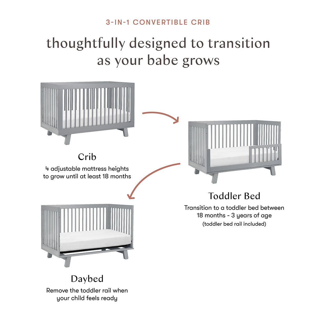 Babyletto Hudson 3-in-1 Convertible Crib with Toddler Bed Conversion Kit - Grey Finish