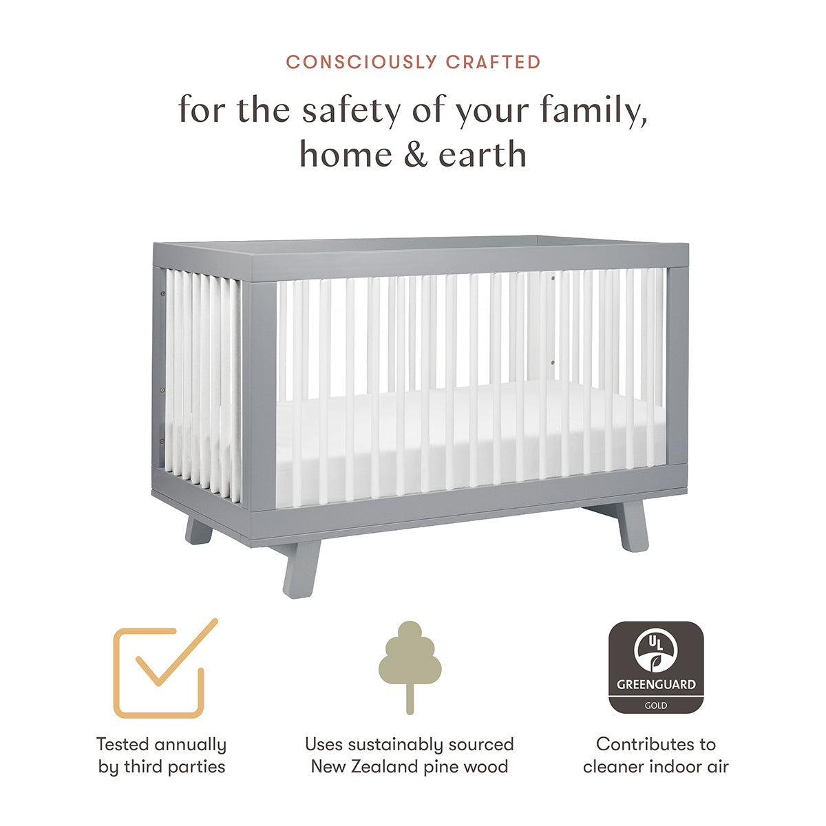 Babyletto Hudson 3-in-1 Convertible Crib with Toddler Bed Conversion Kit - Grey/White