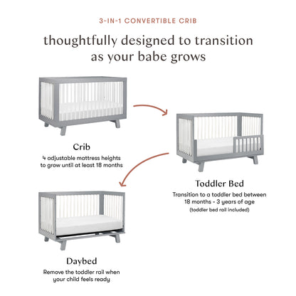 Babyletto Hudson 3-in-1 Convertible Crib with Toddler Bed Conversion Kit - Grey/White