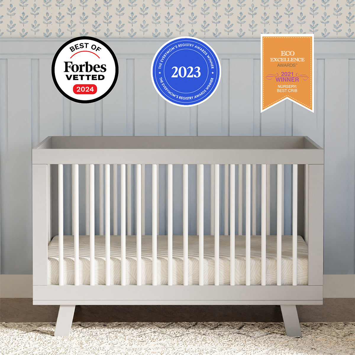 Babyletto Hudson 3-in-1 Convertible Crib with Toddler Bed Conversion Kit - Grey/White