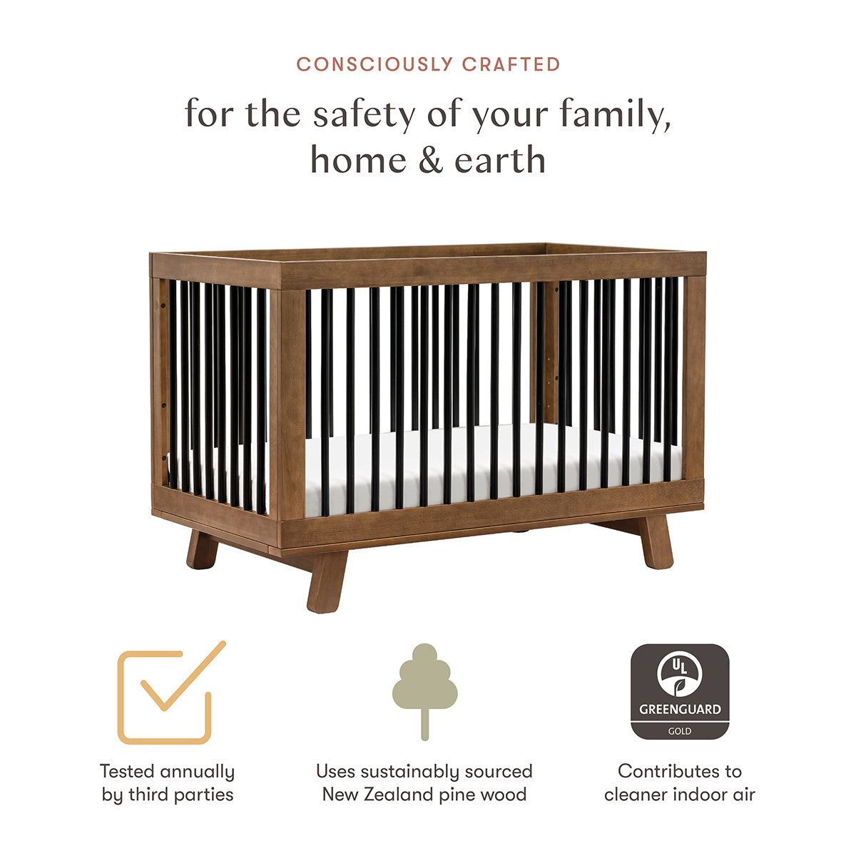 Babyletto Hudson 3-in-1 Convertible Crib with Toddler Bed Conversion Kit - Natural Walnut / Black