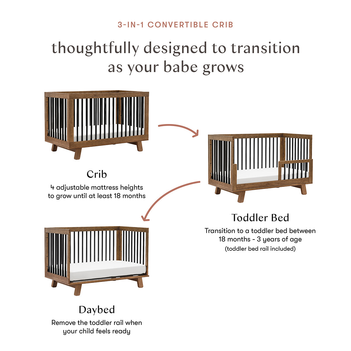 Babyletto Hudson 3-in-1 Convertible Crib with Toddler Bed Conversion Kit - Natural Walnut / Black