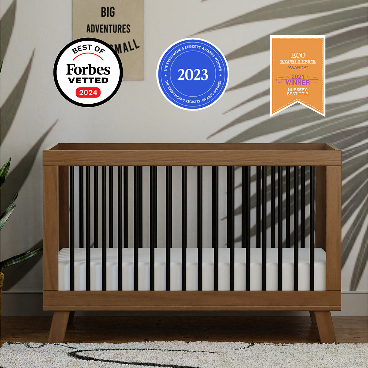 Babyletto Hudson 3-in-1 Convertible Crib with Toddler Bed Conversion Kit - Natural Walnut / Black