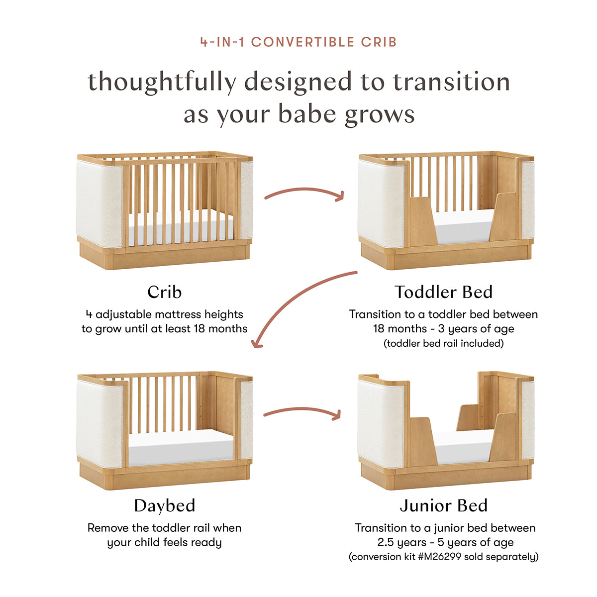 Babyletto Bondi Boucle 4-in-1 Convertible Crib w/ Toddler Bed Conversion Kit - Honey / Ivory Boucle