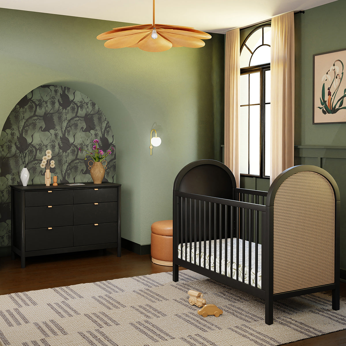 Babyletto Bondi Cane 3-in-1 Convertible Crib w/ Toddler Bed Conversion Kit - Black / Natural Cane