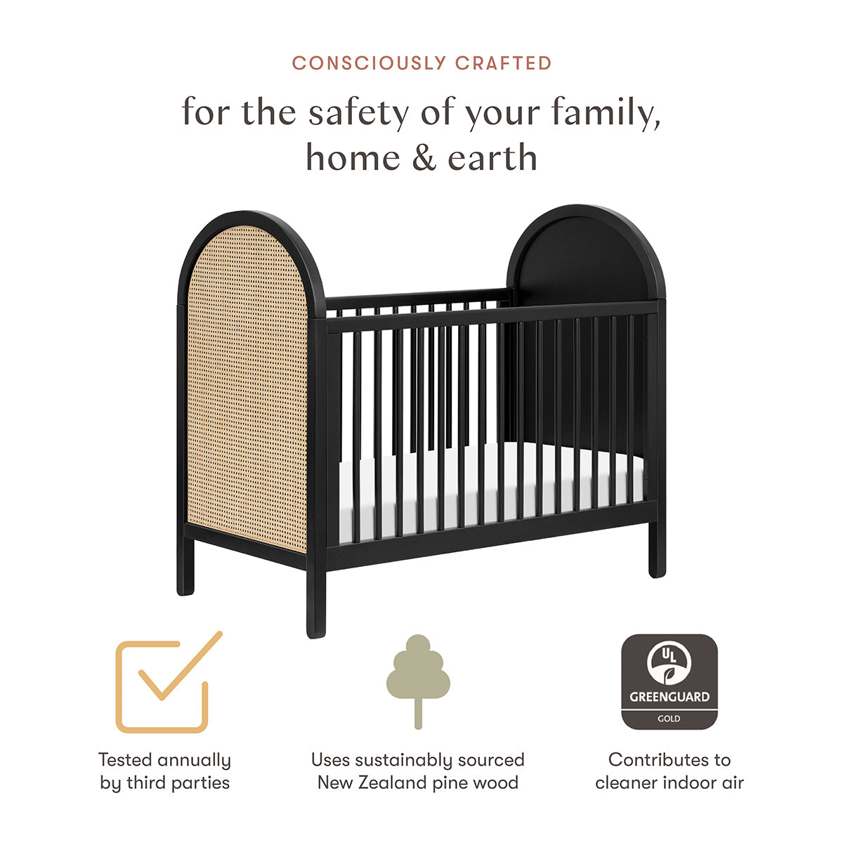 Babyletto Bondi Cane 3-in-1 Convertible Crib w/ Toddler Bed Conversion Kit - Black / Natural Cane