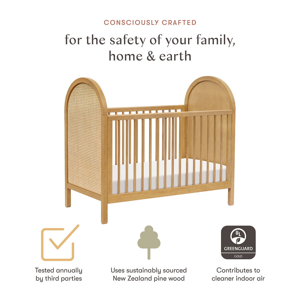 Babyletto Bondi Cane 3-in-1 Convertible Crib w/Toddler Bed Conversion Kit - Honey / Natural Cane