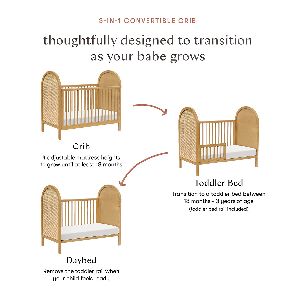 Babyletto Bondi Cane 3-in-1 Convertible Crib w/Toddler Bed Conversion Kit - Honey / Natural Cane