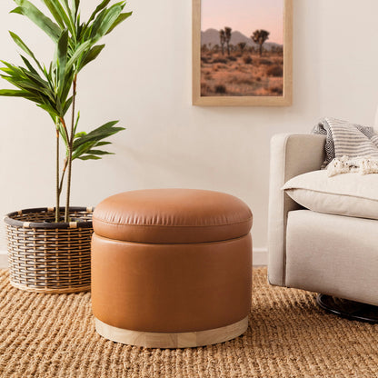 Babyletto Naka Storage Ottoman - Vegan Tan Leather w/ Light Wood Base