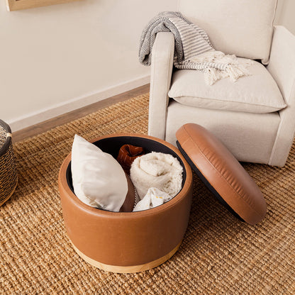 Babyletto Naka Storage Ottoman - Vegan Tan Leather w/ Light Wood Base