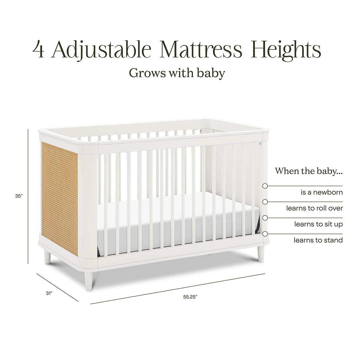 Namesake Marin w/ Cane 3-in-1 Convertible Crib - Warm White / Honey Cane