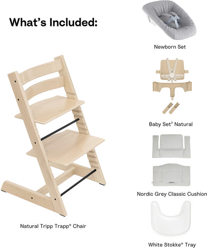 Tripp Trapp High Chair2 with Cushion, Newborn Set and Stokke Tray - Natural / Nordic Grey