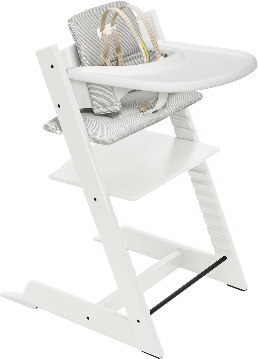 Tripp Trapp High Chair2 with Cushion, Newborn Set and Stokke Tray - White / Nordic Grey