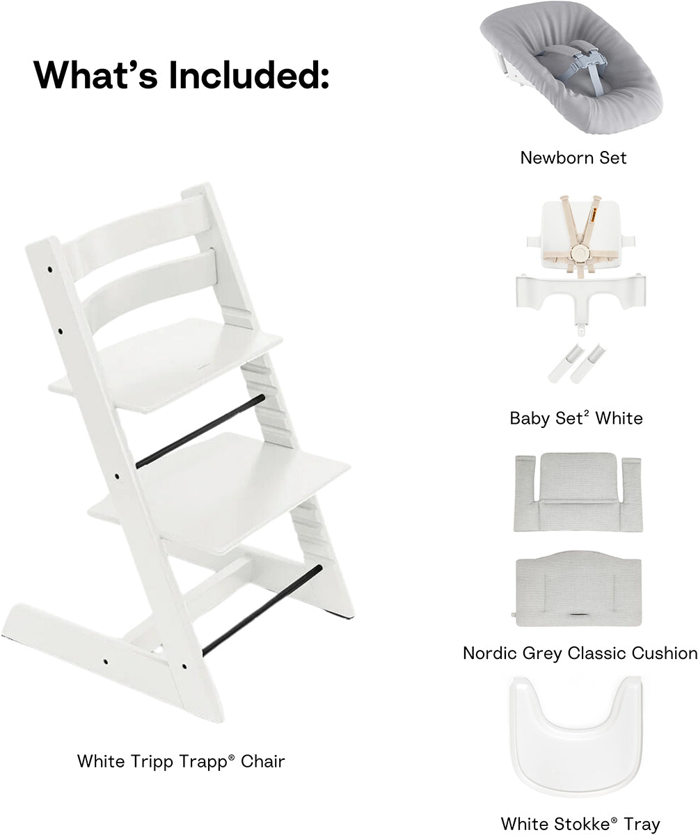 Tripp Trapp High Chair2 with Cushion, Newborn Set and Stokke Tray - White / Nordic Grey