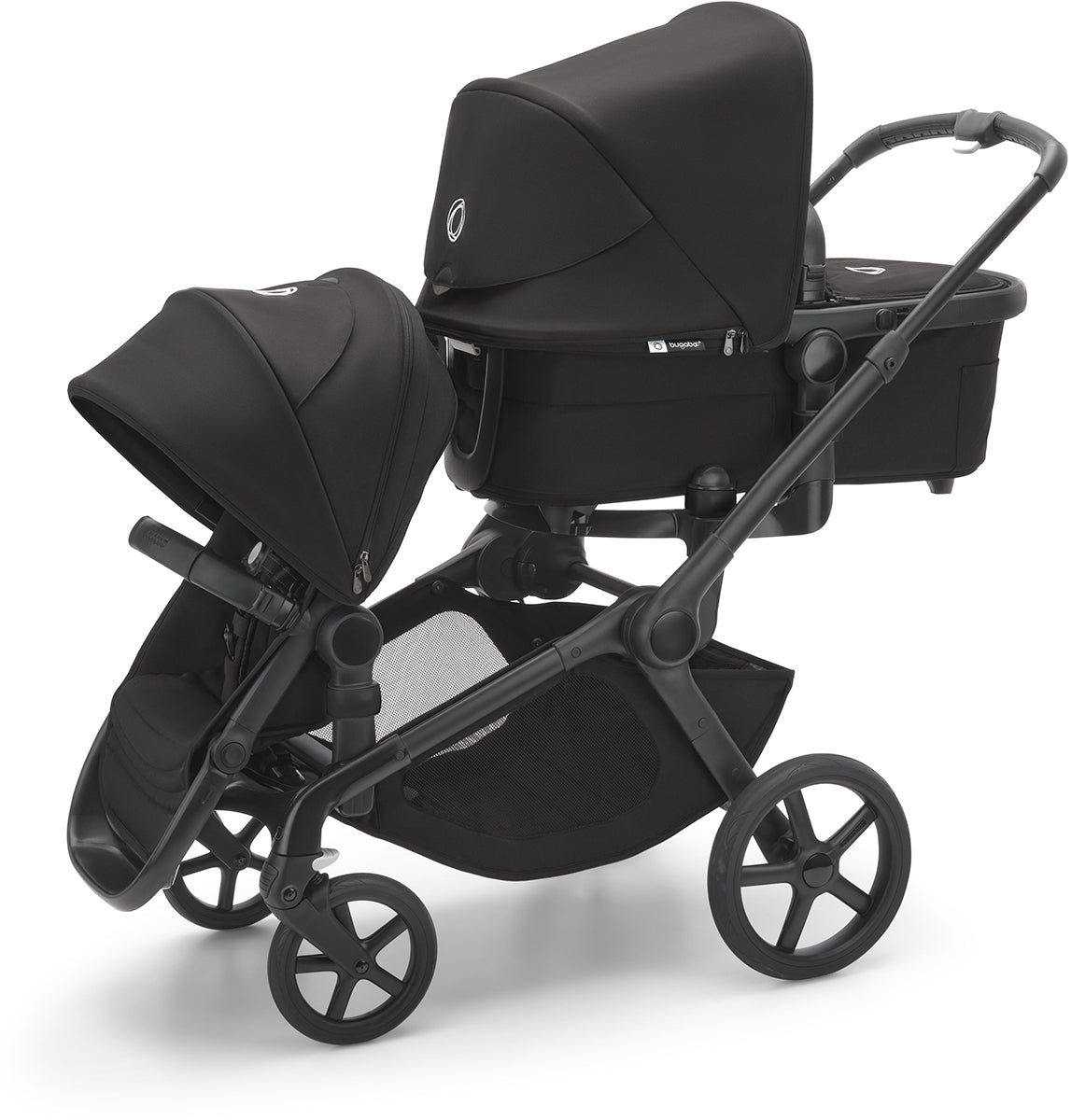 Bugaboo Kangaroo All-Position Newborn Double Stroller + Turtle Air Shield By Nuna Travel System Bundle - Black / Midnight Black / Misty White / Black