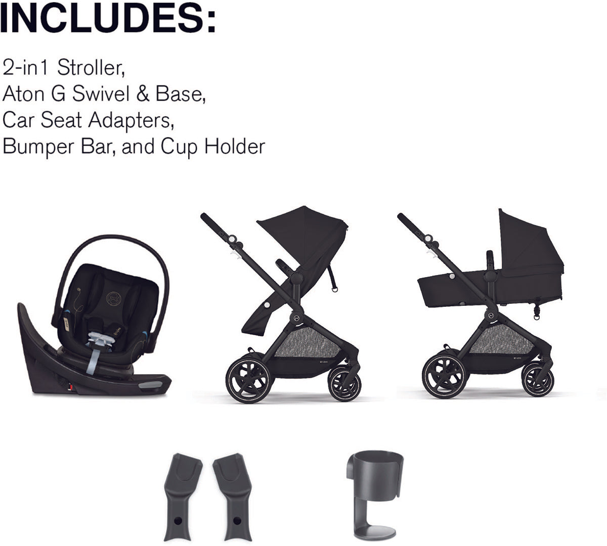 Cybex EOS 5-in-1 Stroller + Aton G Swivel SensorSafe Travel System - Black / Moon Black