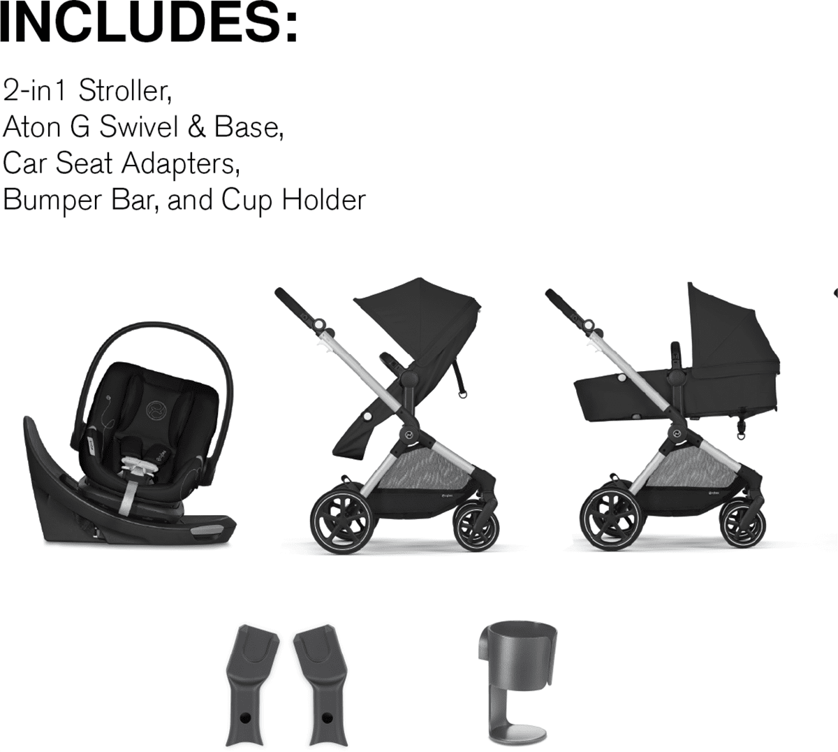 Cybex EOS 5-in-1 Stroller + Aton G Swivel SensorSafe Travel System - Silver / Moon Black