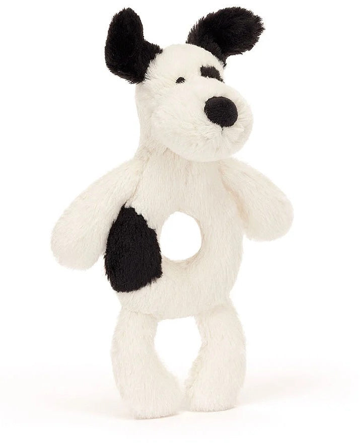 Jellycat Bashful Black & Cream Puppy Ring Rattle, 7"