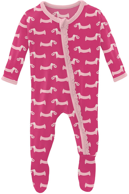 KicKee Pants Muffin Ruffle Footie with Zipper - Calypso Pretzel Pup, 0-3 Months