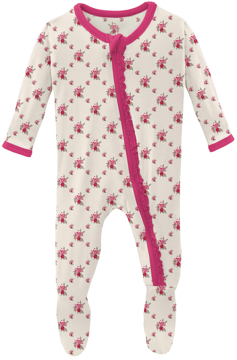 KicKee Pants Muffin Ruffle Footie with Zipper - Natural Rose Trellis, 0-3 Months