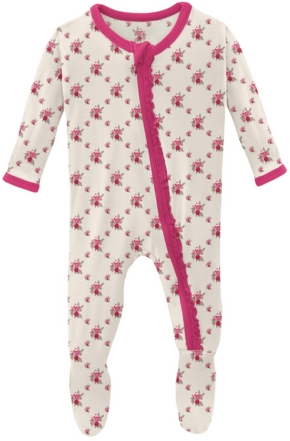 KicKee Pants Muffin Ruffle Footie with Zipper - Natural Rose Trellis, 9-12 Months