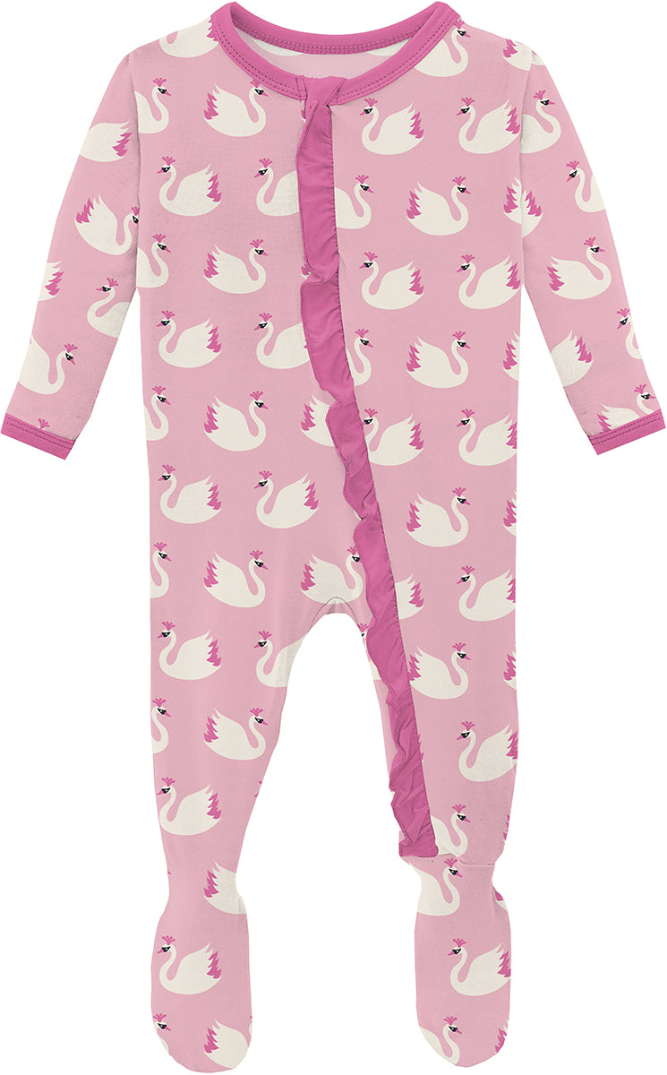 KicKee Pants Print Classic Ruffle Footie with 2 Way Zipper - Cake Pop Swan Princess, 3-6 Months