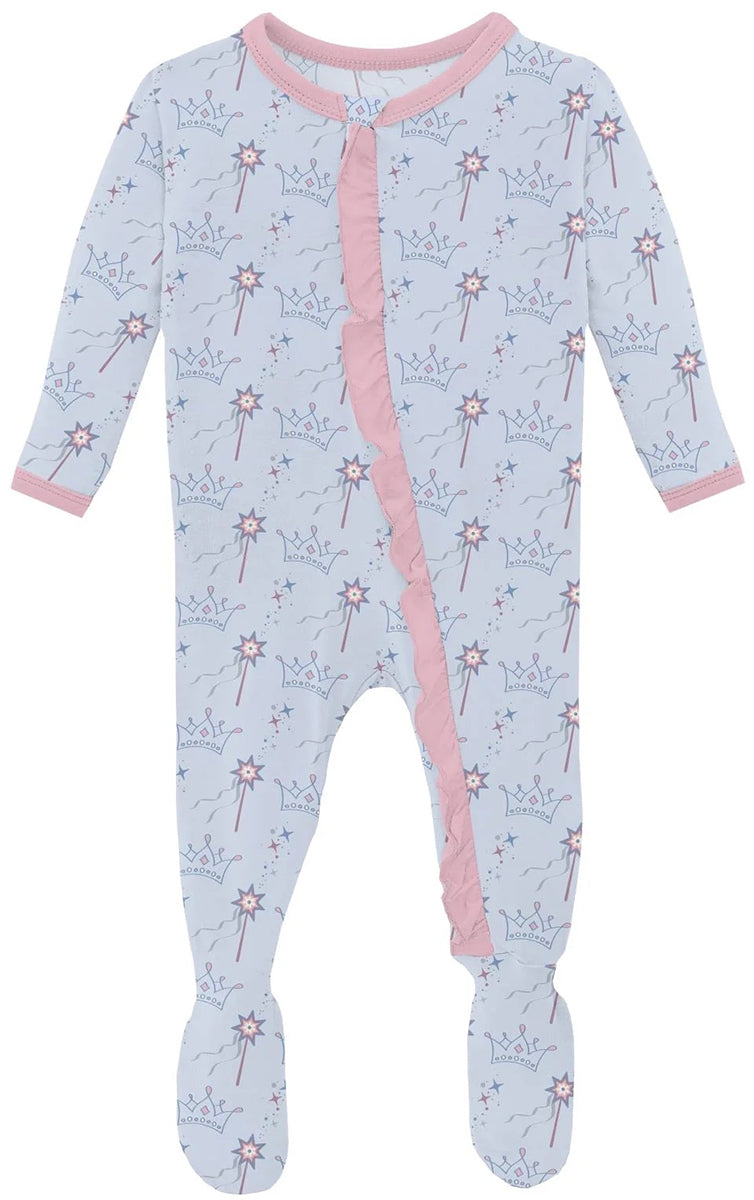 KicKee Pants Print Classic Ruffle Footie with 2 Way Zipper - Dew Magical Princess, 0-3 Months