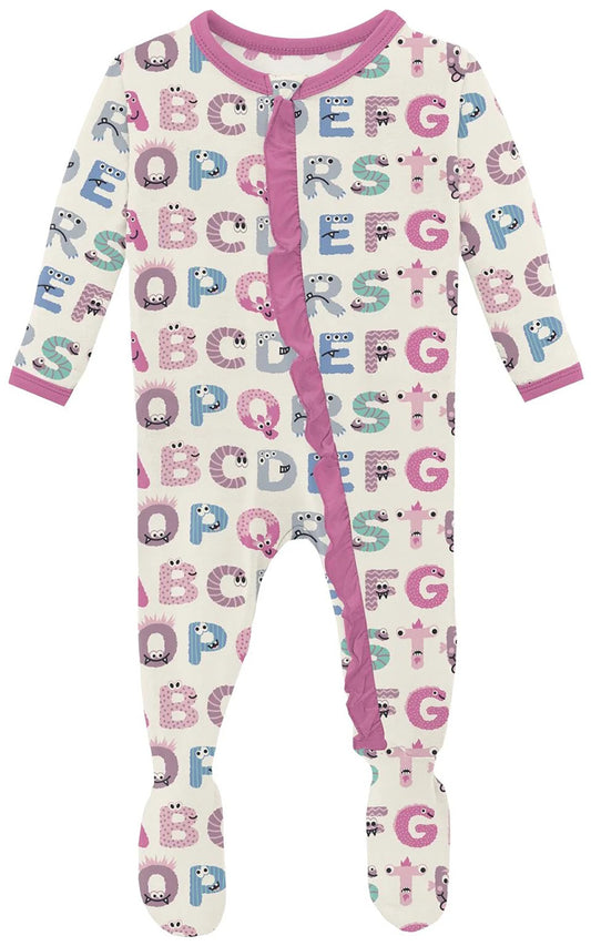 KicKee Pants Print Classic Ruffle Footie with 2 Way Zipper - Natural ABC Monsters, 3-6 Months