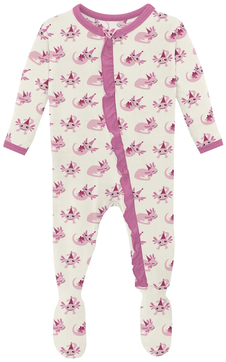 KicKee Pants Print Classic Ruffle Footie with 2 Way Zipper - Natural Axolotl Party, 0-3 Months