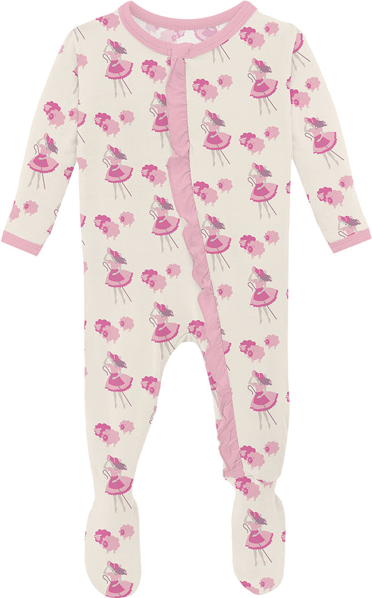 KicKee Pants Print Classic Ruffle Footie with 2 Way Zipper - Natural Little Bo Peep, 0-3 Months