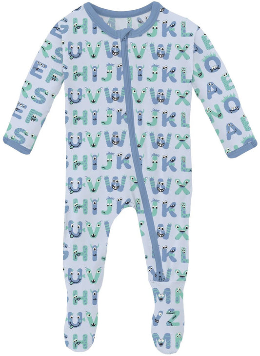 KicKee Pants Print Footie with 2 Way Zipper - Dew ABC Monsters, 0-3 Months