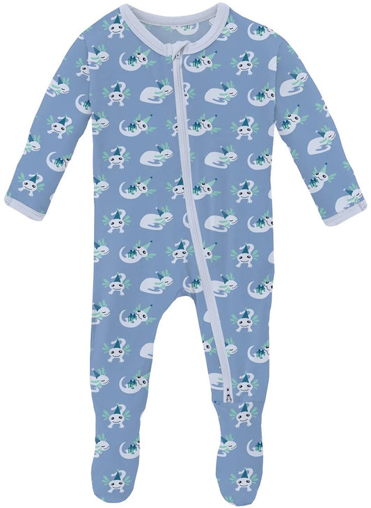 KicKee Pants Print Footie with 2 Way Zipper - Dream Blue Axolotl Party, 0-3 Months