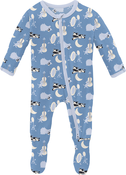 KicKee Pants Print Footie with 2 Way Zipper - Dream Blue Hey Diddle Diddle, 0-3 Months